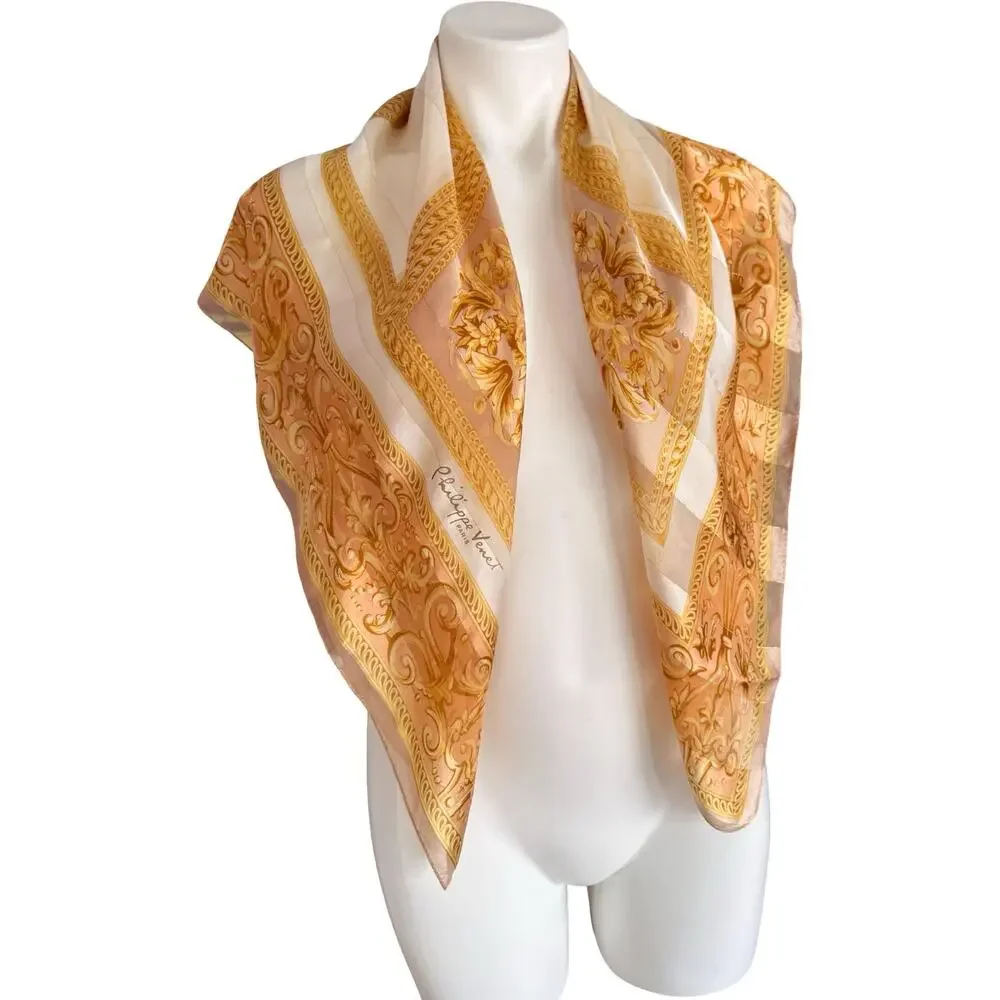 Vintage Philippe Venet Paris Silk Scarf 1980s Gold Baroque Scroll Floral 35